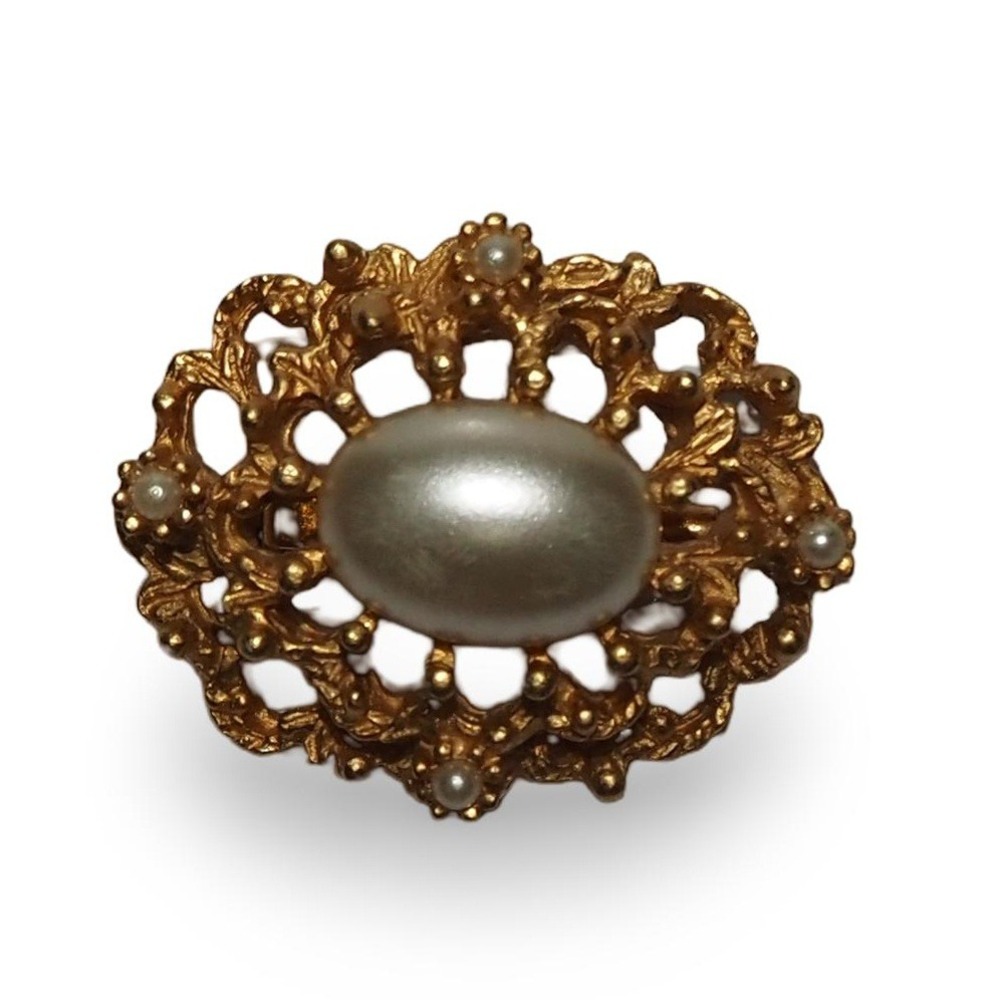 Vintage Gold Tone Faux Pearl Brooch Ornate Filigree‎ Baroque Statement Pin